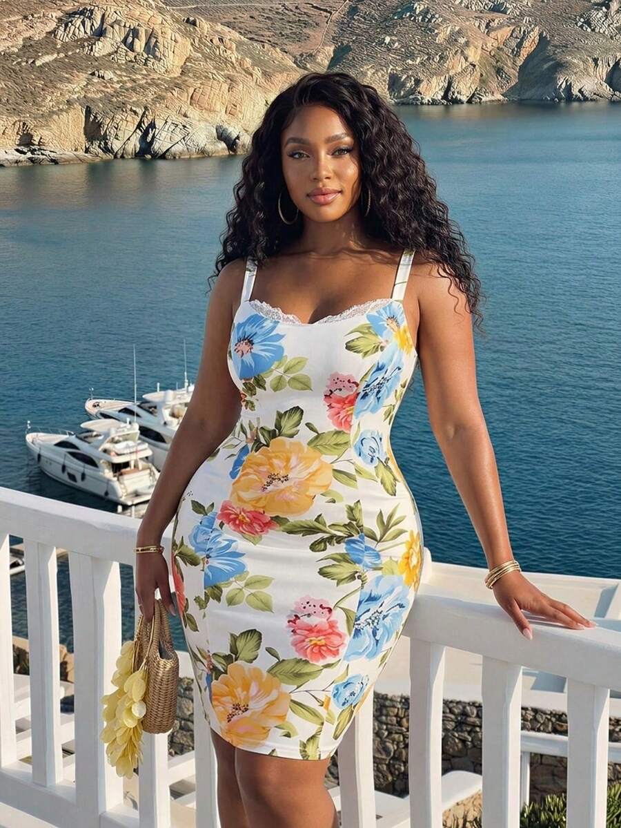 Slaydiva Spring/Summer New Sleeveless Lace Splice Bodycon Knee-Length Floral Print Dress, Romantic Vacation, Plus Size, Capri