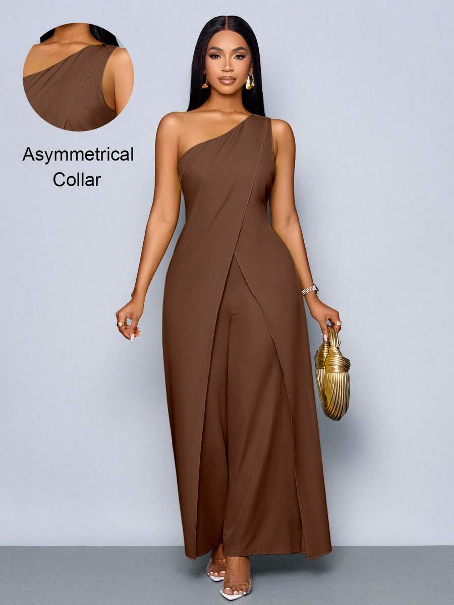 SOLERSUN Mono de pierna ancha con abertura, sin mangas y de un solo hombro, de moda para mujer en primavera y verano - Café integral - Ver 1