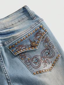 ROMWE Hippie Y2K嬉皮复古风音乐节口袋交叉翅膀刺绣修身喇叭裤女款 - 藏蓝色 - 查看 4