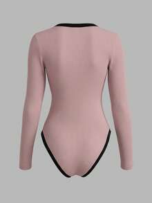 INAWLY Women's Casual Versatile Contrast Color Button Long Sleeve Bodysuit - Pink - View 2