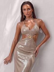 Glamine 女士优雅性感吊带镂空露腰长款连衣裙，适合约会和派对穿着 - 杏色 - 查看 3