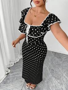 Elenzga Elegantes Maxikleid in Große Größen für Damen mit Polka Dots, Rüschenärmel, quadratischem Ausschnitt, bequem und dehnbar, geeignet für Partys, Nachmittagstee, Galas, Silvesterfeierlichkeiten, Pendeln, Meerjungfrauensaum, apricotfarbene Basis mit schwarzen Punkten - Schwarz und Weiss - Übersicht 5