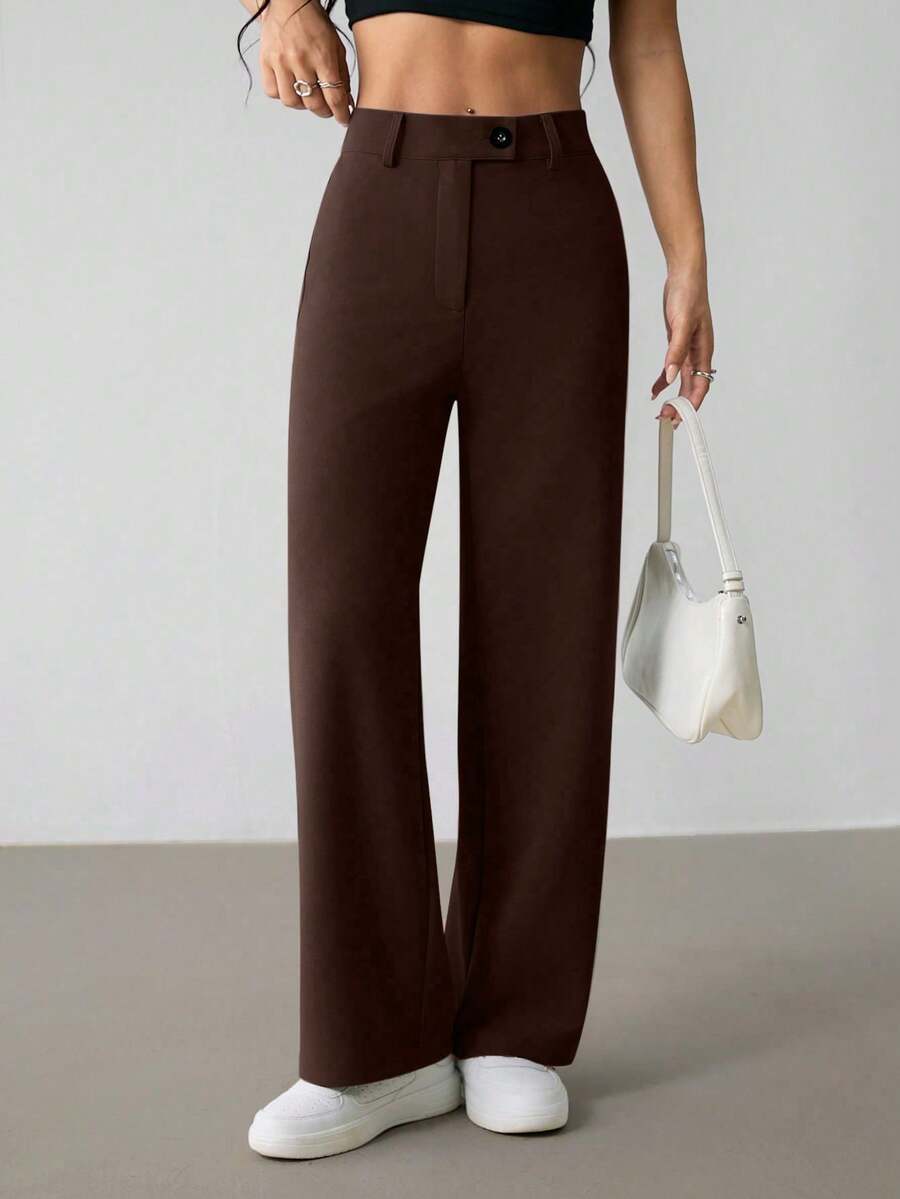 SHEIN PETITE Women's Solid Color High Waist Straight Leg Casual/Office Pants - Coffee Brown - View 1