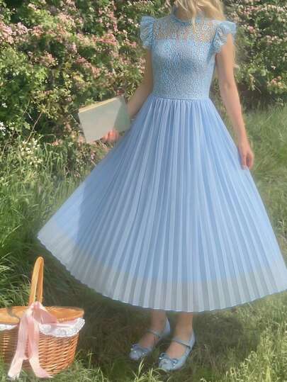 SHEIN Vestido azul sólido de gasa con ribete de encaje para adolescentes, vestido plisado sin mangas de cuello redondo, adecuado para bodas y graduaciones, primavera/verano