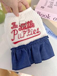 1pc Cat/Dog Universal Clothing, Embroidered Letter Pet Dress With Traction Ring, Blue And White Color Blocked Small Dog Casual Skirt - White - View 9