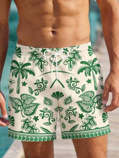 VIVINTIMO 男士绿色树叶印花沙滩短裤，适合海岛度假、夏威夷度假村
