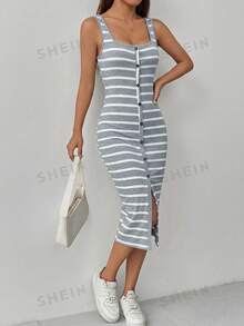 Flirla Petite Women's Striped Print Simple Daily Dress Maxi Women Outfit - Grey - View 3