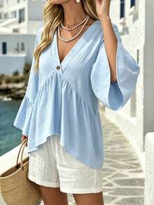 EMERY ROSE White V-Neck Ruffle Sleeve Women's Casual Shirt - Baby Blue - View 4