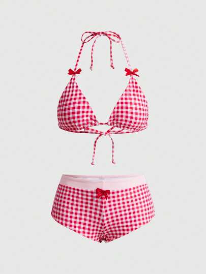 Sweetness 2pcs Sexy Fashionable Pink Bikini Swimsuit, Gingham Print With Bow Decor, Stylish Women's Swimwear For Summer Beach, Pool Party, Vacation