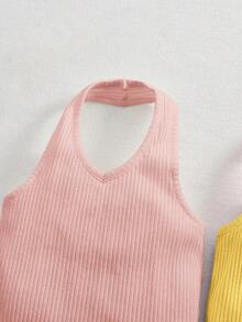 SHEIN 3pcs/Set Cute Solid Color Knit Camisole Romper For Baby Girls, Summer - Multicolor - View 4
