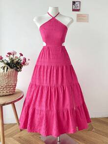 SHEIN Tween Girl Casual Spring/Summer Textured Solid Color Ruffle Back Bow Dress, Bohemian Vacation Daily Casual Outfit, Tween Girl - Hot Pink - View 3