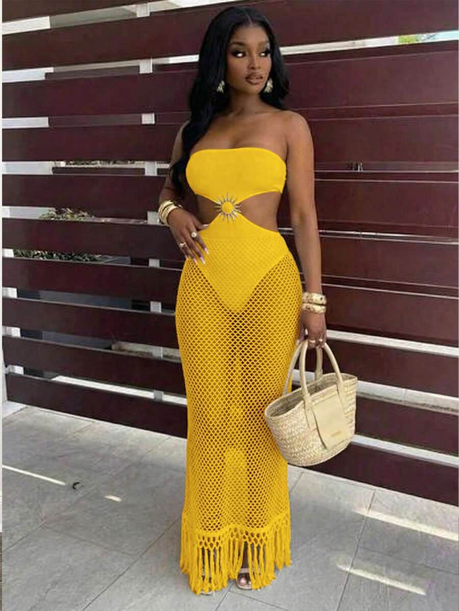 BamGleam Vestido tubo de mujer para vacaciones de verano de unicolor con parches y calado de red - Amarillo - Ver 1