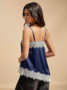 Easelle Navy Blue Lace Patchwork Spaghetti Strap Summer Camisole - Navy Blue - View 3