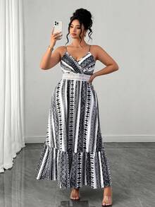 SHEIN Clasi Plus Size Spaghetti Strap Ruffle Hem Long Brown Dress Gym Summer - Black and White - View 1