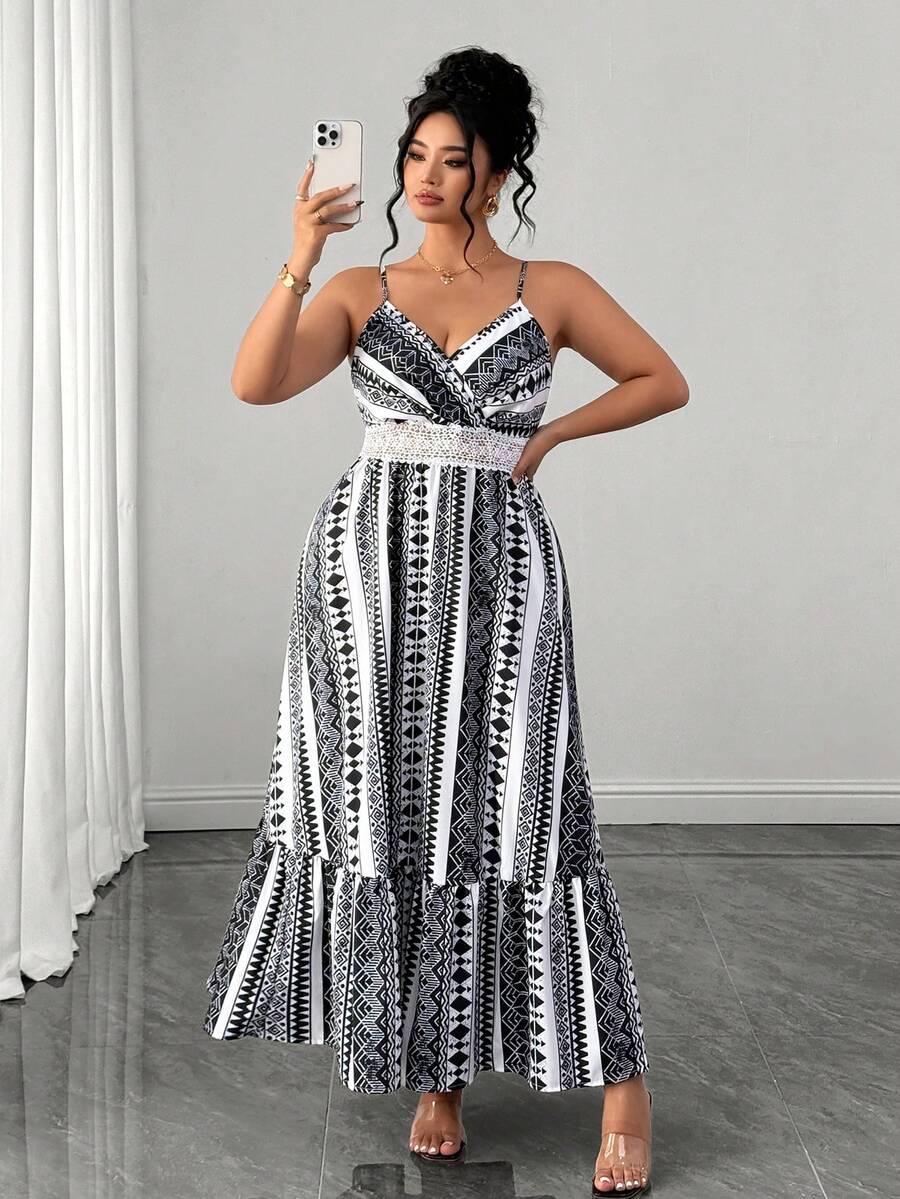 SHEIN Clasi Plus Size Spaghetti Strap Ruffle Hem Long Brown Dress Gym Summer - Black and White - View 1