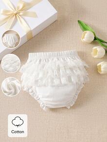 SHEIN Newborn Baby Girls' White Lace Trim Comfortable Shorts High Elastic Waist Multi-Layer Lace Back Everyday Princess Wear For 0-9 Months Infant Girls - White - View 3