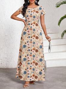 SHEIN Lady Đầm dài tay ngắn cổ tròn in hoa thanh lịch dành cho nữ, kiểu dáng đi nghỉ mát. - Nhiều màu - Xem 3