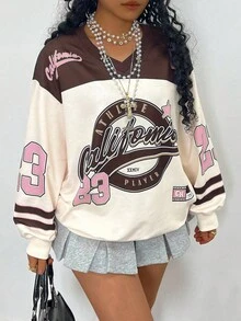 Rovax Women's Casual V-Neck Oversized Long Sleeve Letter Print Sweatshirt, Autumn - Pink - View 3