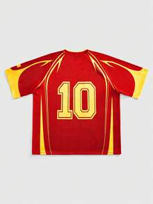 ROMWE MEN Prep 男士撞色V领短袖印花运动T恤，夏季 - 紅色 - 查看 2