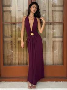 AmyJordy Đầm maxi nữ màu đỏ tía trơn, chất liệu dệt kim, hở lưng, kiểu dáng xòe rộng với chi tiết kim loại, một chiếc đầm thanh lịch phù hợp cho các lễ hội, đám cưới, sinh nhật, lễ tốt nghiệp, đầm ôm sát, đầm mùa thu cho nữ, trang phục Giáng sinh, trang phục Halloween cho nữ, trang phục hẹn hò cho nữ, đầm dự đám cưới, đầm dự đám cưới thanh lịch, cho mùa thu và mùa đông, kiểu đuôi cá, trang phục Bohemian, trang phục Ibiza, trang phục dự tiệc kiểu phương Tây. - Màu Đỏ Sâu - Xem 1