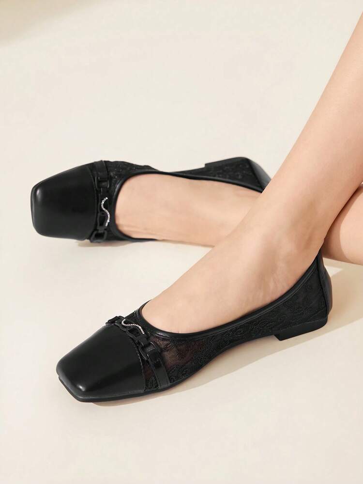 CUCCOO CHICEST Square Toe Loafers, Soft Sole, Mesh Patchwork, Buckle Decor, Fashionable Elegant Versatile Comfortable Slip-On Flat Shoes, Black