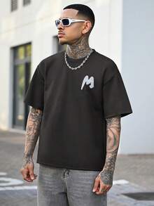 Devon Thys 男士字母图案落肩T恤，秋季 - 黑色 - 查看 5