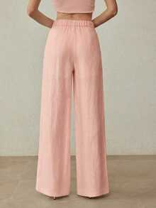 MOTF PREMIUM Pantalones de pierna ancha 100% de lino con hebilla metálica como decoración de la cintura, elegantes para el transporte, estilo vintage - Rosa - Ver 3