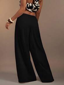 Hauture Pantalones anchos de lino plisados y relajados, de estilo casual y sexy para mujer - Negro - Ver 3