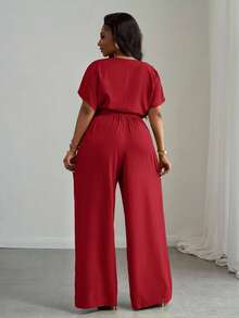 Slaydiva 2pcs Plus Size Women Set,Red Elegant Satin Summer Work Outfit,Loose Drop Shoulder Crop Top With Drawstring Hem & Wide Leg Pants With Pockets,Party - Red - View 2