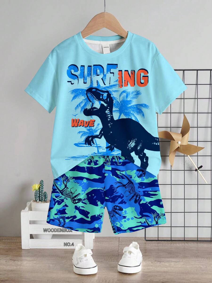 SHEIN 2pcs/Set Young Boy Casual Cute Cartoon Animal, Dinosaur, 3D Scenery Print Round Neck Short Sleeve T-Shirt And Shorts Set, Suitable For Summer, Suitable For Street Photography, Daily Wear, Outings, Home, Vacation, Spring & Summer Fashion, Summer Outfits For , Easy Comfort, Layers For Kids, Stylish Kids, Casual Wear, Kids Graphic T-Shirts, Back To School, Spring & Summer Clothes - Multicolor - View 1