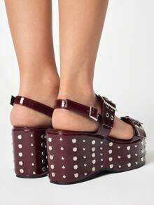 ROMWE Grunge Punk Giày sandal đế xuồng đính kim tuyến, khóa cài nhọn dành cho nữ. - Màu Đỏ Sâu - Xem 5