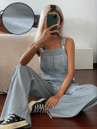 DAZY Quần yếm denim kẻ sọc thường ngày dành cho nữ, thích hợp mặc hàng ngày