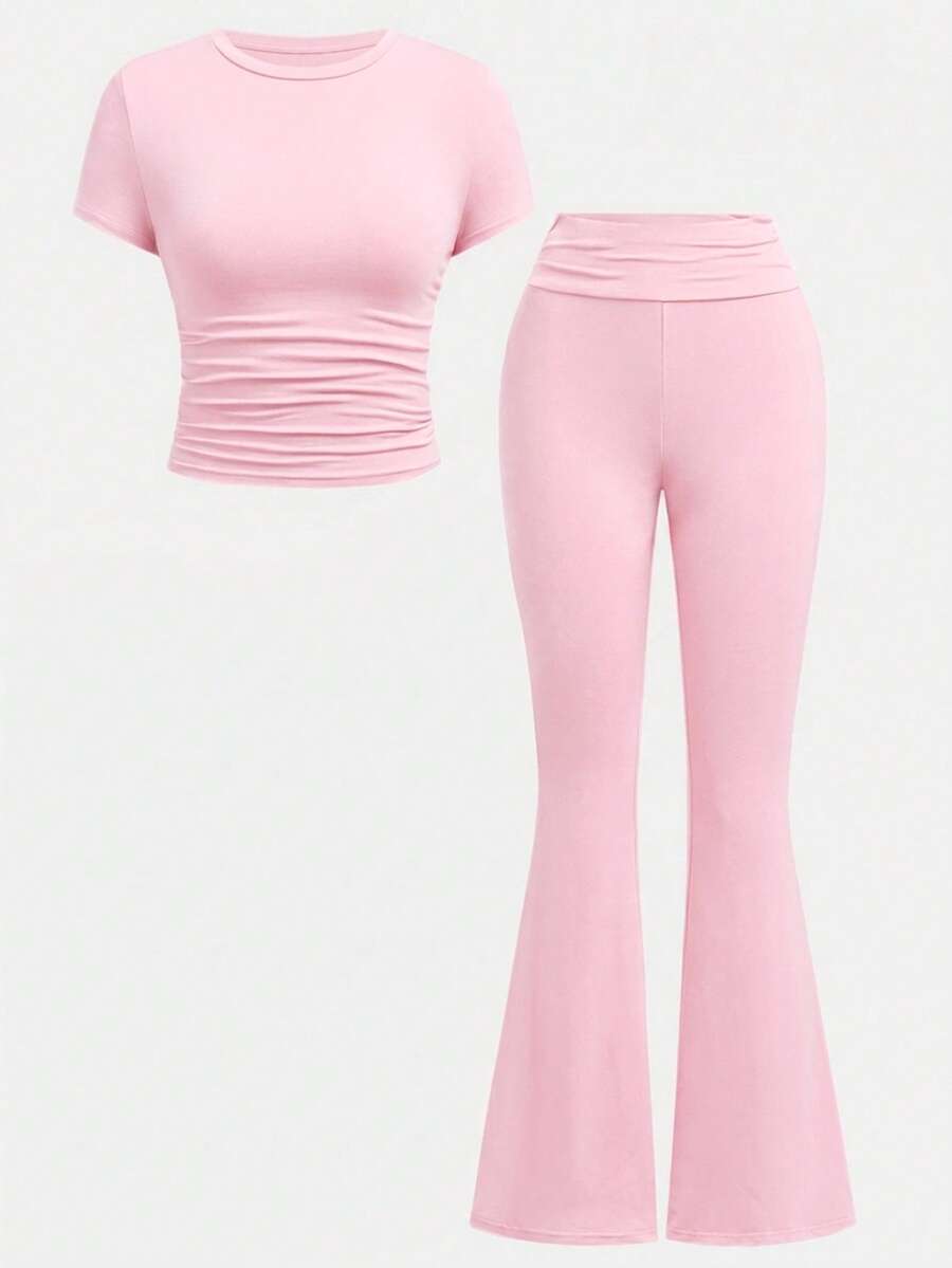 SHEIN Girlism 2pcs/Set Tween Girls Casual Fitted Pink Ruched Crew Neck Top And Ruched Flare Pants Outfit - Pink - View 1