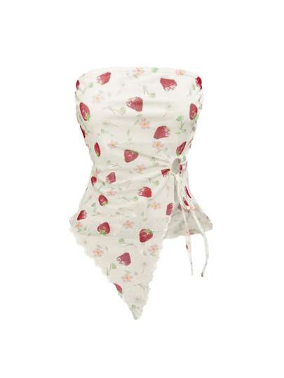 ROMWE Kawaii Strawberry Print Asymmetric Hem Summer Tube Top, Y2K Style, Mesh Fabric