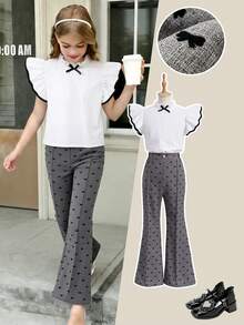1 Conjunto de Blusa de Manga Corta con Lazo Blanco Vintage Casual y Pantalones Acampanados para Niñas, Conjunto de Verano - Blanco - Ver 4