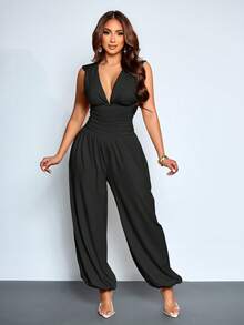 Women's Elegant Deep V-Neck Sleeveless Ruched Waist Lantern Loose Jumpsuit - Black - View 3