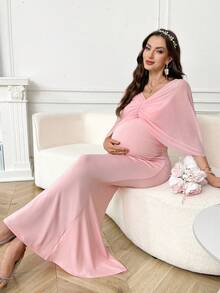 SHEIN Đầm dự tiệc và dạo phố thanh lịch cổ chữ V xếp ly màu trơn dành cho bà bầu - Hồng - Xem 10