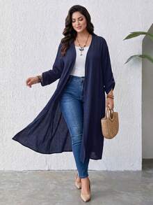 SHEIN Lady CURVE 秋季大码女式纯色卷边袖休闲长款夹克 - 藍色 - 查看 4