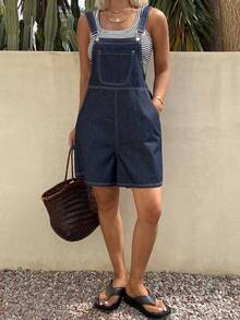 DAZY 女士纯棉休闲水洗牛仔背带裤/连体裤，春夏款 - 深色水洗藍 - 查看 4