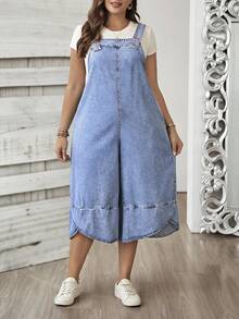 SHEIN CURVE+ 大码女式休闲日常通勤百搭侧袋宽松阔腿七分裤牛仔连体裤夏季嘉年华服装通勤度假毕业时尚Y2K可爱街头风派对婚礼优雅商务休闲女式商务海滩毕业女式蓝色牛仔背带裤可调节肩带阔腿背带裤带贴袋休闲风格 - 藍色 - 查看 5