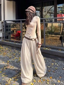 Coolane 女士夏季复古休闲嬉皮街头风宽松军绿色裤子 - 杏色 - 查看 2