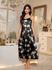 LuxeNights Đầm ngủ satin in hoa thanh lịch dành cho nữ. - màu đen - Xem 5