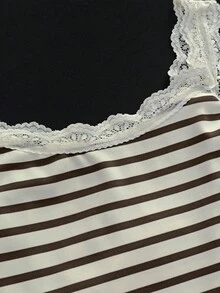 SHEIN 夏季酒红色条纹印花蕾丝拼接吊带背心 - 棕色 - 查看 4