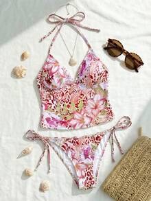 SHEIN Swim Vcay 甜樱桃格子比基尼套装 花卉泳装 多色泳装 吊带泳装 波西米亚风泳装 女士泳装 - 彩色 - 查看 1
