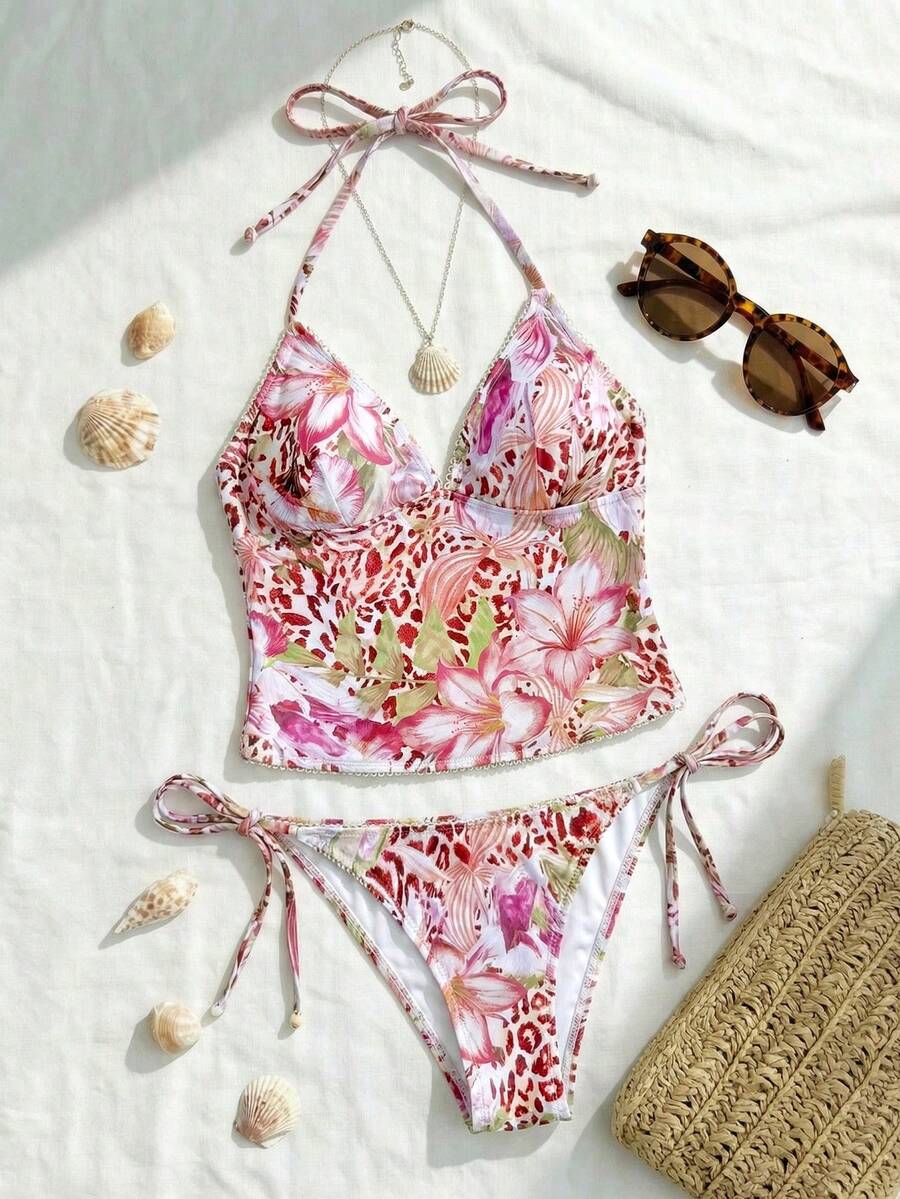 SHEIN Swim Vcay 甜樱桃格子比基尼套装 花卉泳装 多色泳装 吊带泳装 波西米亚风泳装 女士泳装 - 彩色 - 查看 1