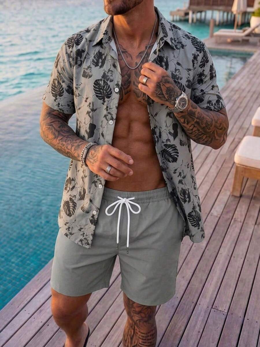 Oro Vacation 男士热带植物印花短袖衬衫和短裤休闲沙滩套装 - 彩色 - 查看 1