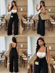 SHEIN CURVE+ 前系带褶裥阔腿连体裤，夏季 - 黑色 - 查看 6