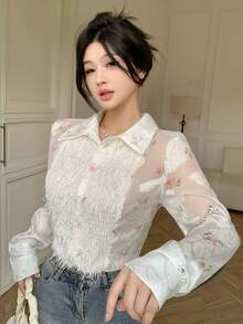 Modelyn 白色花卉印花拼接流苏镂空薄纱优雅女式衬衫，春夏款 - 白色 - 查看 5
