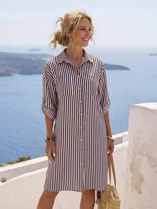Faunlyn Women's Striped Single-Breasted Casual Party Midi Dress - Pink - View 3