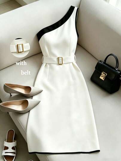 Franclia Vestido Elegante Bicolor Sem Mangas de Comprimento Médio para Uso Diário, Verão